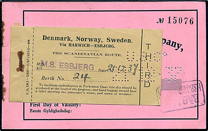Færgebillet for DFDS Englandsbåd M/S Esbjerg på ruten Esbjerg - Harwich d. 21.12.1937.