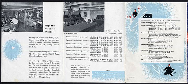 Rejs med Rutebaad til Jylland. DFDS reklamefolder med fartplan og prisliste for sommeren 1934.