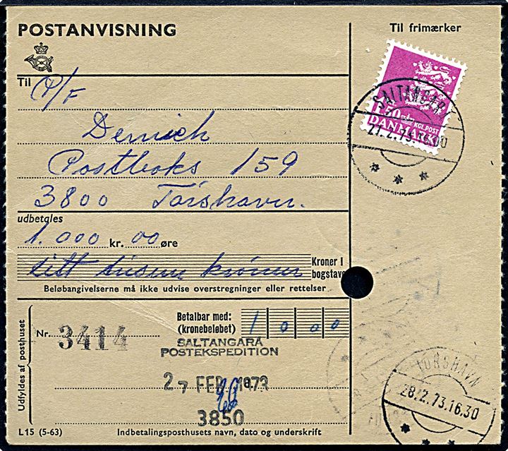 1,50 kr. Rigsvåben på postanvisning stemplet Saltangara d. 27.2.1973 til Tórshavn.