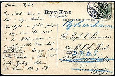 5 øre Fr. VIII på brevkort (Djalmar Christensen: Børnehjælpsdagen 1907) fra Kjøbenhavn d. 17.6.1907 til kaptajn ombord på S/S C.P.A.Koch i Trondhjem, Norge - eftersendt til DFDS i Kjøbenhavn.