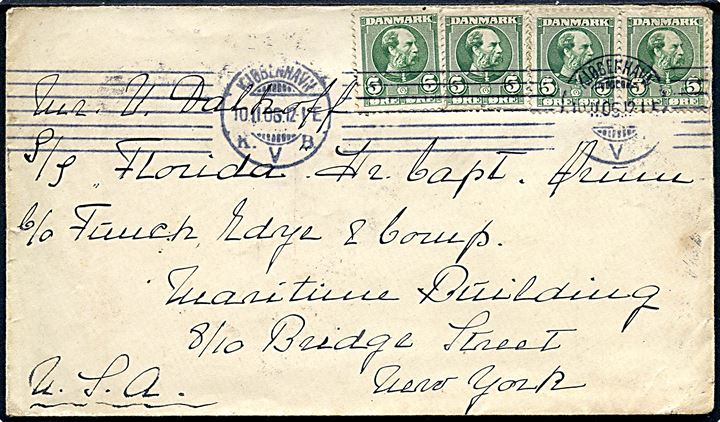5 øre Chr. IX (4) på brev fra Kjøbenhavn d. 10.11.1906 til S/S Florida i New York, USA.