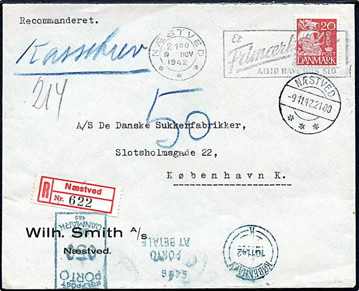 20 øre Karavel på brev fra Næstved d. 9.11.1942 til København. Brevet påskrevet Recommanderet og påsat rec.-etiket og udtakseret i 50 øre porto med grønt portomaskinstempel.