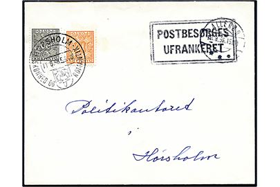 Ufrankeret brev med rammestempel Postbesørges ufrankeret fra Allerød d. 10.8.1956 til Hørsholm. Udtakseret i enkeltporto med 10 øre og 20 øre Portomærke stemplet Hørsholm d. 11.8.1956.