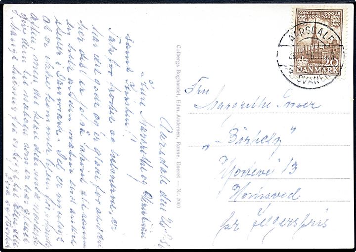 20 øre 1000 års udg. på brevkort annulleret med pr.-stempel Aarsdale pr. Svaneke d. 26.7.1956 til Jægerspris.