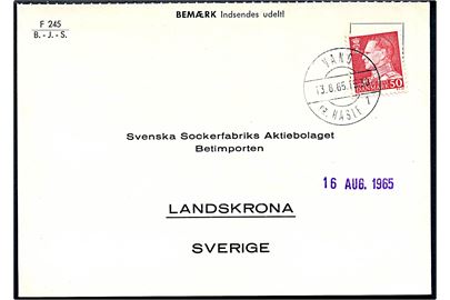 50 øre Fr. IX på brevkort annulleret med pr.-stempel Vang pr. Hasle sn1 d. 13.8.1965 til Landskrona, Sverige.