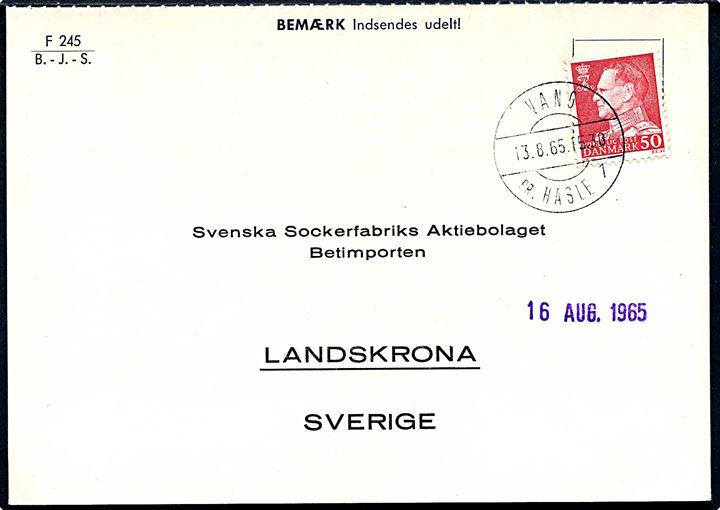 50 øre Fr. IX på brevkort annulleret med pr.-stempel Vang pr. Hasle sn1 d. 13.8.1965 til Landskrona, Sverige.