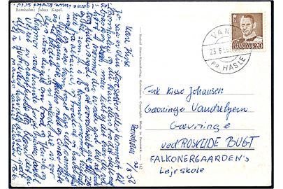 20 øre Fr. IX på brevkort annulleret med pr.-stempel Vang pr. Hasle d. 23.8.1956 til Grævinge.