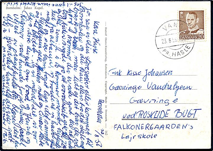 20 øre Fr. IX på brevkort annulleret med pr.-stempel Vang pr. Hasle d. 23.8.1956 til Grævinge.