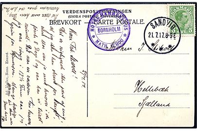 5 øre Chr. X på brevkort (Interiør fra Østerlars kirke) annulleret med brotype IIIb Sandvig d. 21.7.1917 og sidestemplet med privat stempel Hotel Hammershus / Bornholm / Math. Schou til Hellebæk.