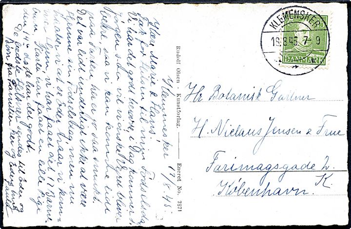 15 øre Chr. X på brevkort annulleret med brotype IIc Klemensker d. 18.8.1945 til København.
