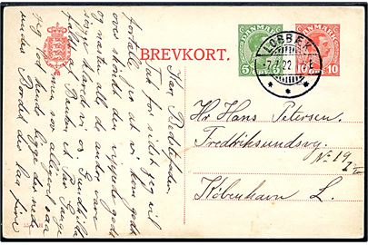 10+5 øre provisorisk helsagsbrevkort (fabr. 55-H) annulleret med brotype Ia Lobbæk d. 7.7.1922 til København.