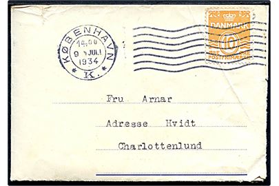 10 øre Bølgelinie på DFDS Radiobrev med meddelelse fra M/S Dr. Alexandrine på vej til Færøerne modtaget af provinsbåden S/S Nidaros og sendt som lokalbrev i København d. 9.7.1934 til Charlottenlund.