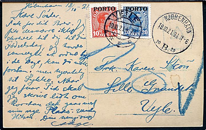 Ufrankeret brevkort fra Kjøbenhavn d. 18.10.1921 til Vejle. Udtakseret i porto med 10 øre og 20 øre Chr. X Porto-provisorium stemplet Veile d. 19.10.1921.