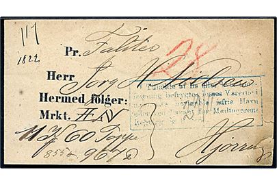 Dampskibs-fragtbrev for gods fra Kjøbenhavn d. 7.1.1870 med dampskibet Falster via Aalborg til Hjørring.