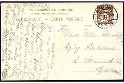 10 øre Bølgelinie på brevkort annulleret med uldent aftryk af sjældent bureaustempel Masnedsund - Kallehave T.9 d. 19.7.1932 til L. Skensved.