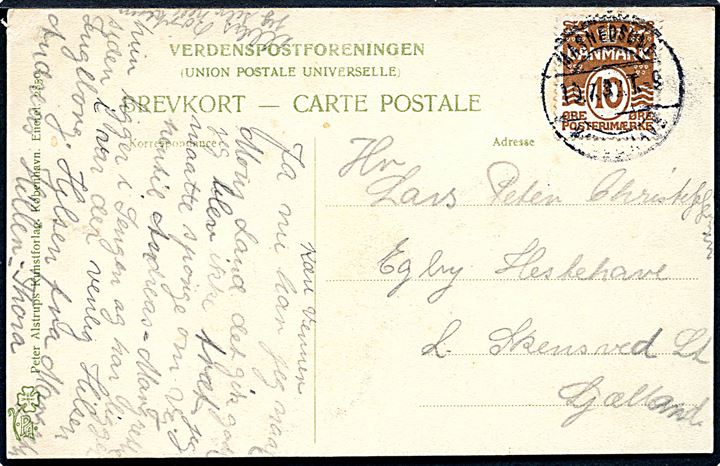 10 øre Bølgelinie på brevkort annulleret med uldent aftryk af sjældent bureaustempel Masnedsund - Kallehave T.9 d. 19.7.1932 til L. Skensved.