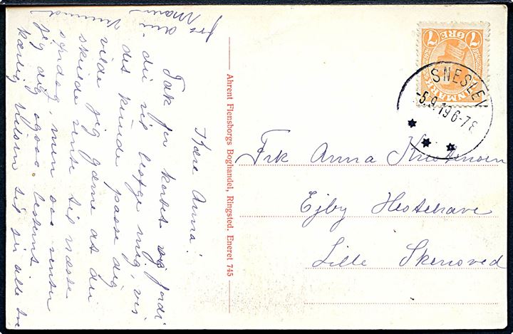 7 øre Chr. X på brevkort (Jydstrup kirke) annulleret med brotype IIIb Sneslev d. 5.9.1919 til Lille Skensved.