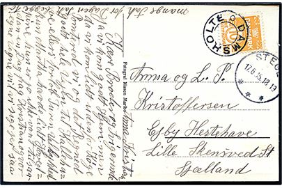 10 øre Bølgelinie på brevkort annulleret med stjernestempel DAMSHOLTE og sidestemplet brotype IIIc Stege d. 17.6.1935 til Lille Skensved.