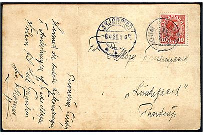 10 øre Chr. X på brevkort annulleret med stjernestempel STORE BRØNDUM og sidestemplet Skjørping d. 6.4.1920 til Pandrup.