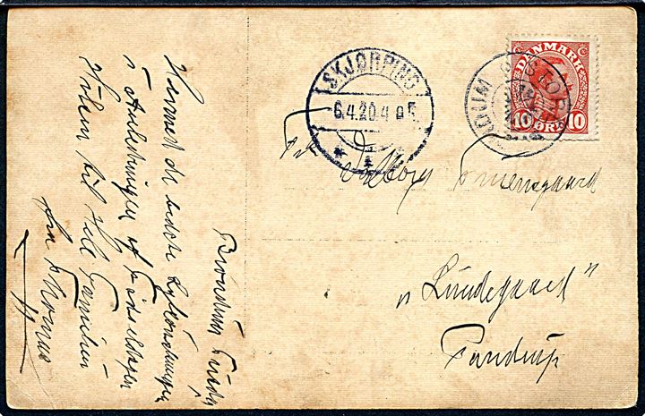 10 øre Chr. X på brevkort annulleret med stjernestempel STORE BRØNDUM og sidestemplet Skjørping d. 6.4.1920 til Pandrup.