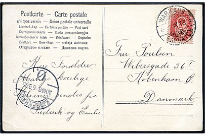 Russisk 4 kop. Våben anvendt i Finland på brevkort annulleret med 2-sproget stempel Warkaus d. 2.9.1905 til København, Danmark.
