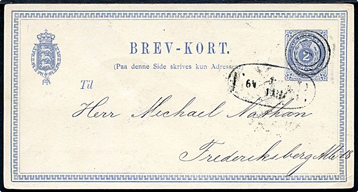 2 sk. helsagsbrevkort anvendt som advis kort fra DFDS vedr. ankommen gods med S/S Aurora fra Kiel annulleret med nr.stempel 1 og sidestemplet ovalt fodpoststempel F:P: d. 1.11.1874.