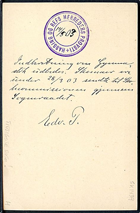 3 øre lokalt helsagsbrevkort dateret d. 14.5.1903 annulleret med stjernestempel UGLEV til Hvidbjerg.  Anvendt ca. 1 uge tidligere end registreret i Skilling.