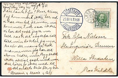 5 øre Fr. VIII på brevkort annulleret med stjernestempel UGGERLØSE og sidestemplet bureau Kjøbenhavn - Kallundborg T.168 d. 26.9.1911 til Roskilde.