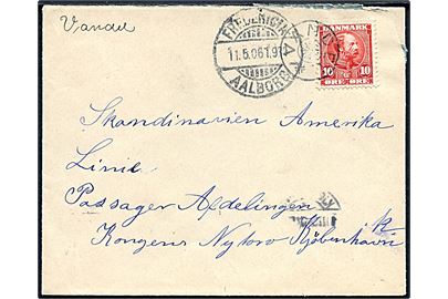 10 øre Chr. IX på brev annulleret med stjernestempel VANDEL og sidestemplet med bureau Fredericia - Aalborg T.934 d. 11.5.1906 til København.