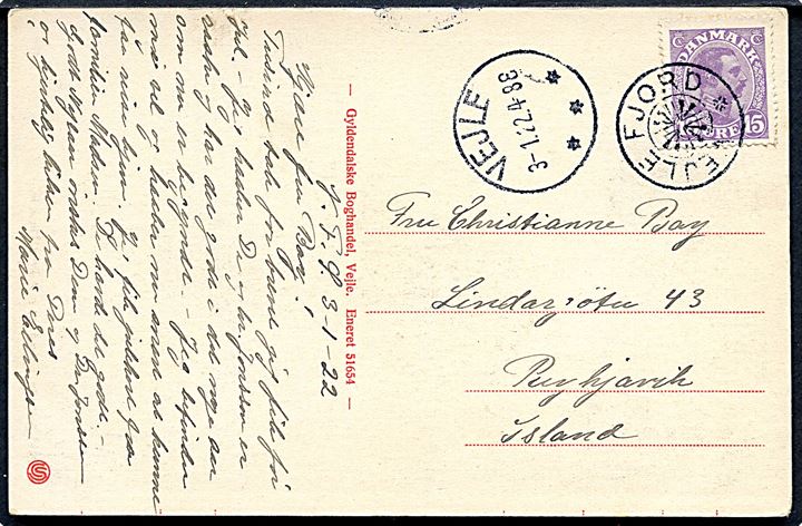 15 øre Chr. X på brevkort (Vejlefjord Sanatorium) annulleret med stjernestempel VEJLEFJORD og sidestemplet brotype IIIb Vejle *** d. 3.1.1922 til Reykjavik, Island.