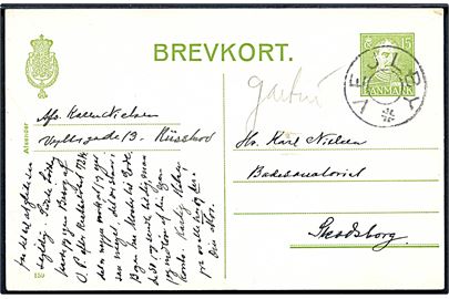 15 øre Chr. X helsagsbrevkort (fabr. 159) dateret d. 14.11.1946 og annulleret med udslebet stjernestempel VEJLBY til Skodsborg.