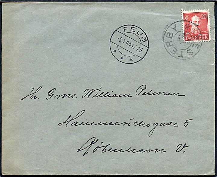 20 øre Chr. X på brev annulleret med udslebet stjernestempel VESTERBY og sidestemplet Fejø d. 6.1.1944 til København.