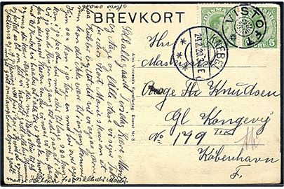 5 øre Chr. X i parstykke på brevkort annulleret med stjernestempel VISTOFT og sidestemplet Knebel d. 24.2.1920 til København.
