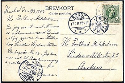 5 øre Chr. IX på brevkort (Knebel By set fra Agri Bakker) annulleret med stjernestempel VRINDERS og sidestemplet Rønde d. 17.2.1907 til Aarhus. Anvendt ca. ½ år tidligere end registreret i Skilling.