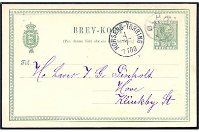 5 øre Chr. IX helsagsbrevkort annulleret med stjernestempel ØLHOLM og sidestemplet lapidar bureaustempel Horsens - Tørring d. 4.7.1906 til Klinkby St.