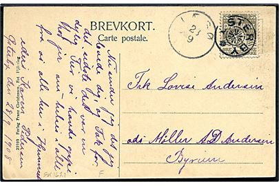 3 øre Bølgelinie på lokalt brevkort (Læsø nationaldragt) annulleret med stjernestempel ØSTERBY og sidestemplet lapidar Læsø d. 28.9.1908 til Byrum.