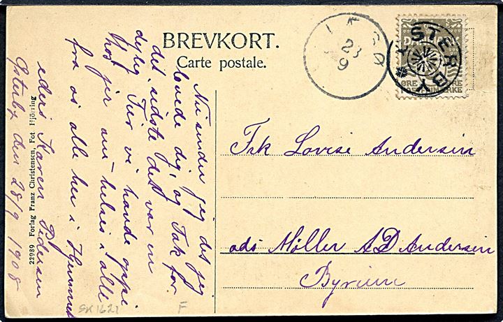3 øre Bølgelinie på lokalt brevkort (Læsø nationaldragt) annulleret med stjernestempel ØSTERBY og sidestemplet lapidar Læsø d. 28.9.1908 til Byrum.