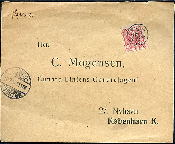 10 øre Chr. IX på brev annulleret med stjernestempel ØSTRUP og sidestemplet bureau Hobro - Løgstør T.1128 d. 148.2.1907 til København.