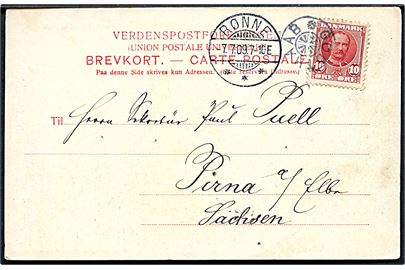 10 øre Fr. VIII på brevkort (Dampskib i Gudhjem) annulleret med stjernestempel GODTHAAB og sidestemplet Rønne d. 7.7.1909 til Pirna, Tyskland.