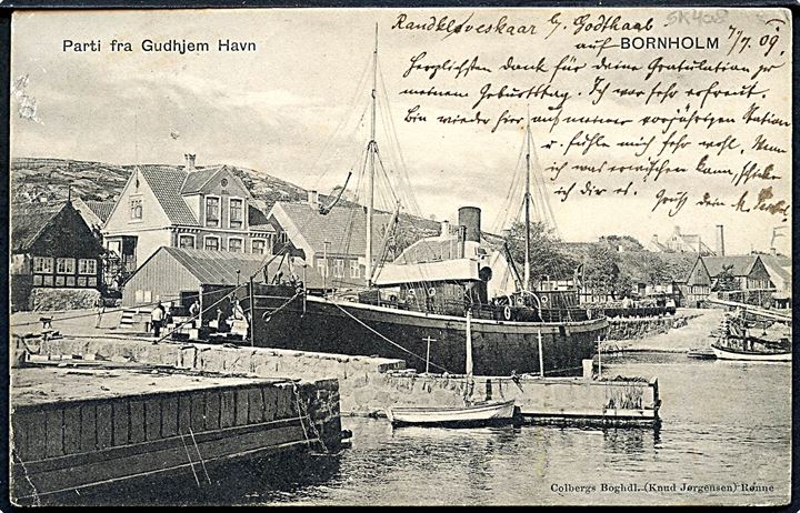 10 øre Fr. VIII på brevkort (Dampskib i Gudhjem) annulleret med stjernestempel GODTHAAB og sidestemplet Rønne d. 7.7.1909 til Pirna, Tyskland.