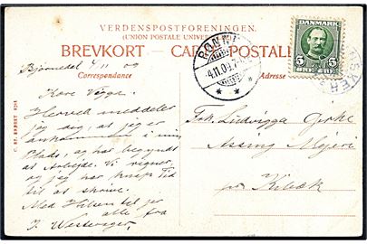 5 øre Fr. VIII på brevkort annulleret med stjernestempel KLEMENSKER og sidestemplet Rønne d. 4.11.1909 til Kibæk.