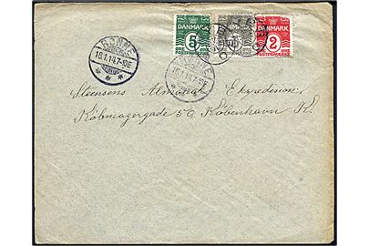 2 øre, 3 øre og 5 øre Bølgelinie på brev annulleret med stjernestempel NYBRO (type II) og sidestemplet Rønne d. 16.1.1914 til København.