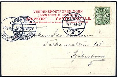5 øre Våben på brevkort annulleret med stjernestempel SANDVIG og sidestemplet Allinge d. 14.7.1905 til Kjøbenhavn.
