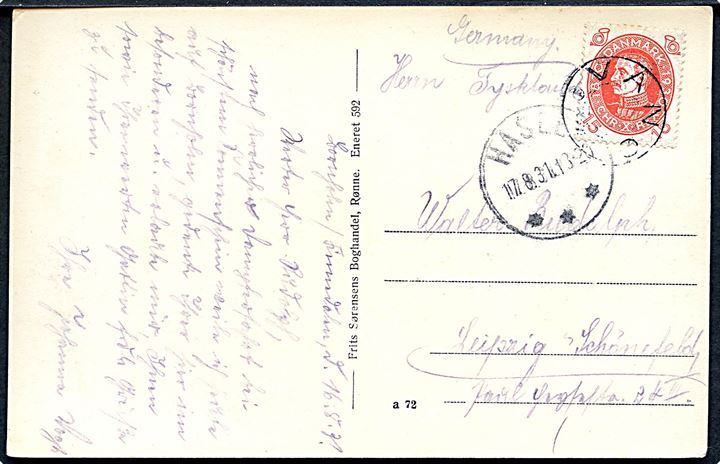 15 øre Chr. X 60 år på brevkort annulleret med udslebet stjernestempel VANG og sidestemplet brotype IIIc Hasle d. 17.8.1931 til Leipzig, Tyskland.
