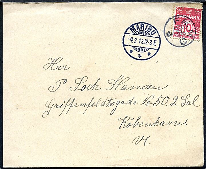 10 øre Bølgelinie på brev annulleret med stjernestempel FÆMØ og sidestemplet Maribo d. 4.2.1913 til København.