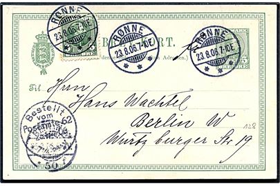 5 øre Chr. IX helsagsbrevkort opfrankeret med 5 øre Chr. IX fra Rønne d. 23.8.1906 til Berlin, Tyskland.