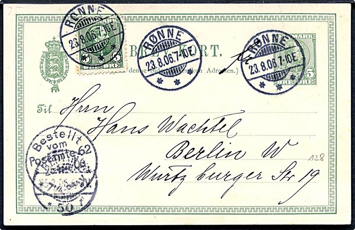 5 øre Chr. IX helsagsbrevkort opfrankeret med 5 øre Chr. IX fra Rønne d. 23.8.1906 til Berlin, Tyskland.
