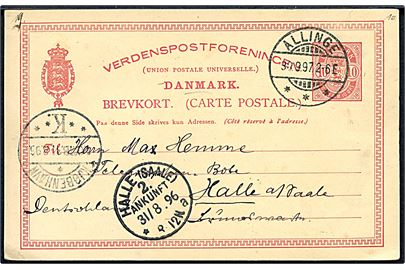 10 øre Våben helsagsbrevkort annulleret med brotype Ia Allinge d. 30.9.1897 via Kjøbenhavn til Halle, Tyskland.