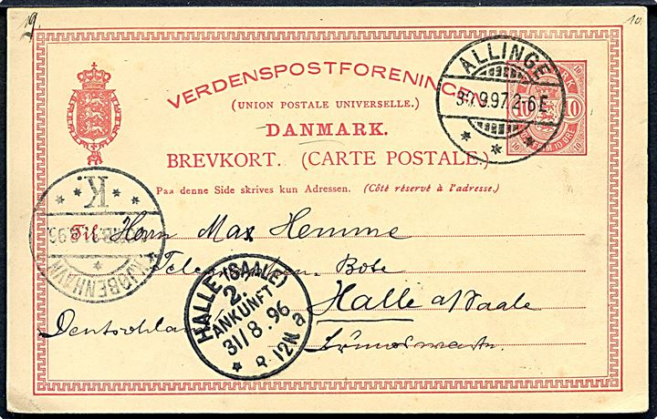 10 øre Våben helsagsbrevkort annulleret med brotype Ia Allinge d. 30.9.1897 via Kjøbenhavn til Halle, Tyskland.