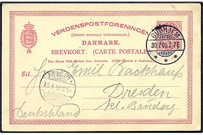 10 øre Våben helsagsbrevkort annulleret med brotype Ia Gudhjem d. 30.7.1905 til Dresden, Tyskland.